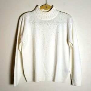 White beaded mock neck sweater, soft, fall, holiday season, women's size medium.